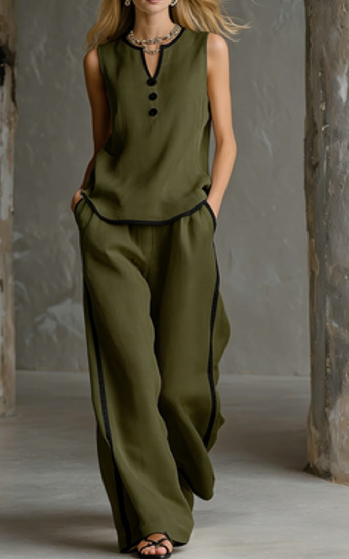 Sleeveless V-Neck Top and Wide-Leg Pants Set
