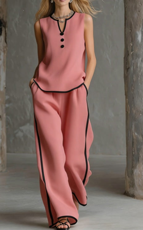 Sleeveless V-Neck Top and Wide-Leg Pants Set