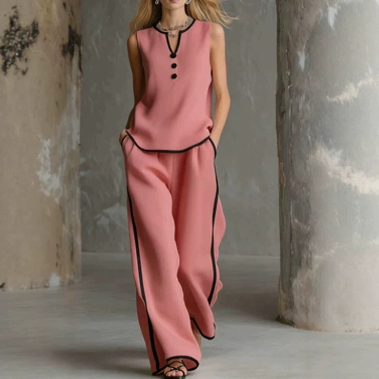 Sleeveless V-Neck Top and Wide-Leg Pants Set
