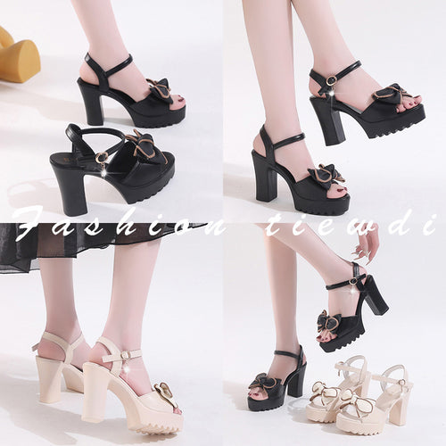Chunky Heel Women Sandals Soft Leather Comfortable Height Increasing