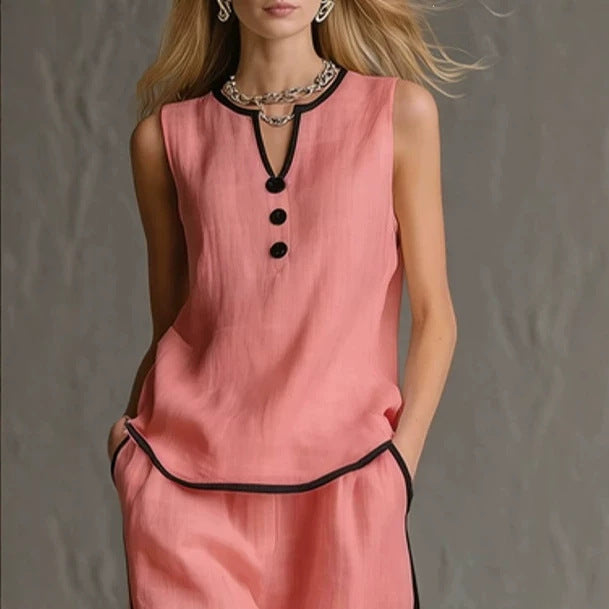 Sleeveless V-Neck Top and Wide-Leg Pants Set