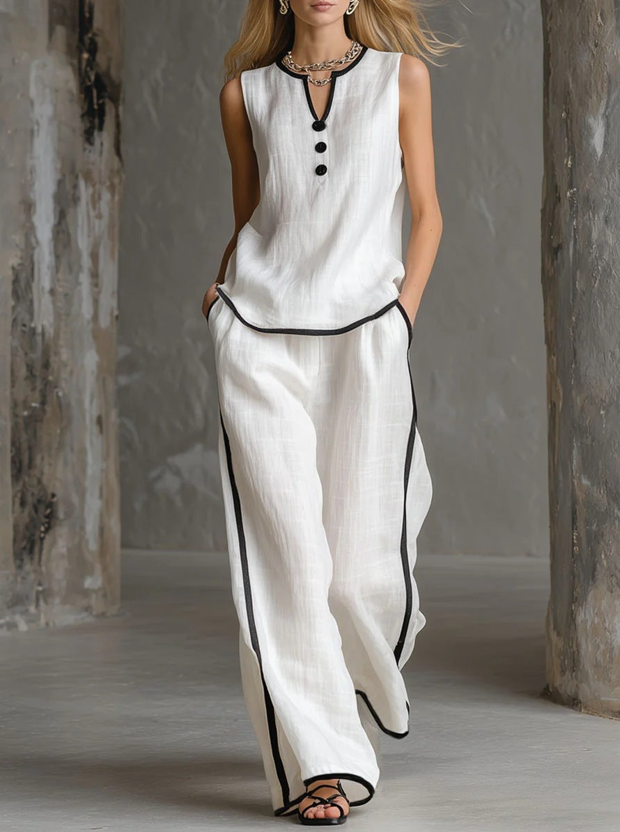Sleeveless V-Neck Top and Wide-Leg Pants Set