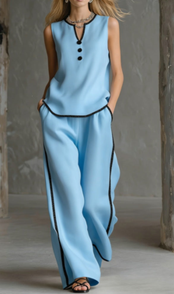 Sleeveless V-Neck Top and Wide-Leg Pants Set