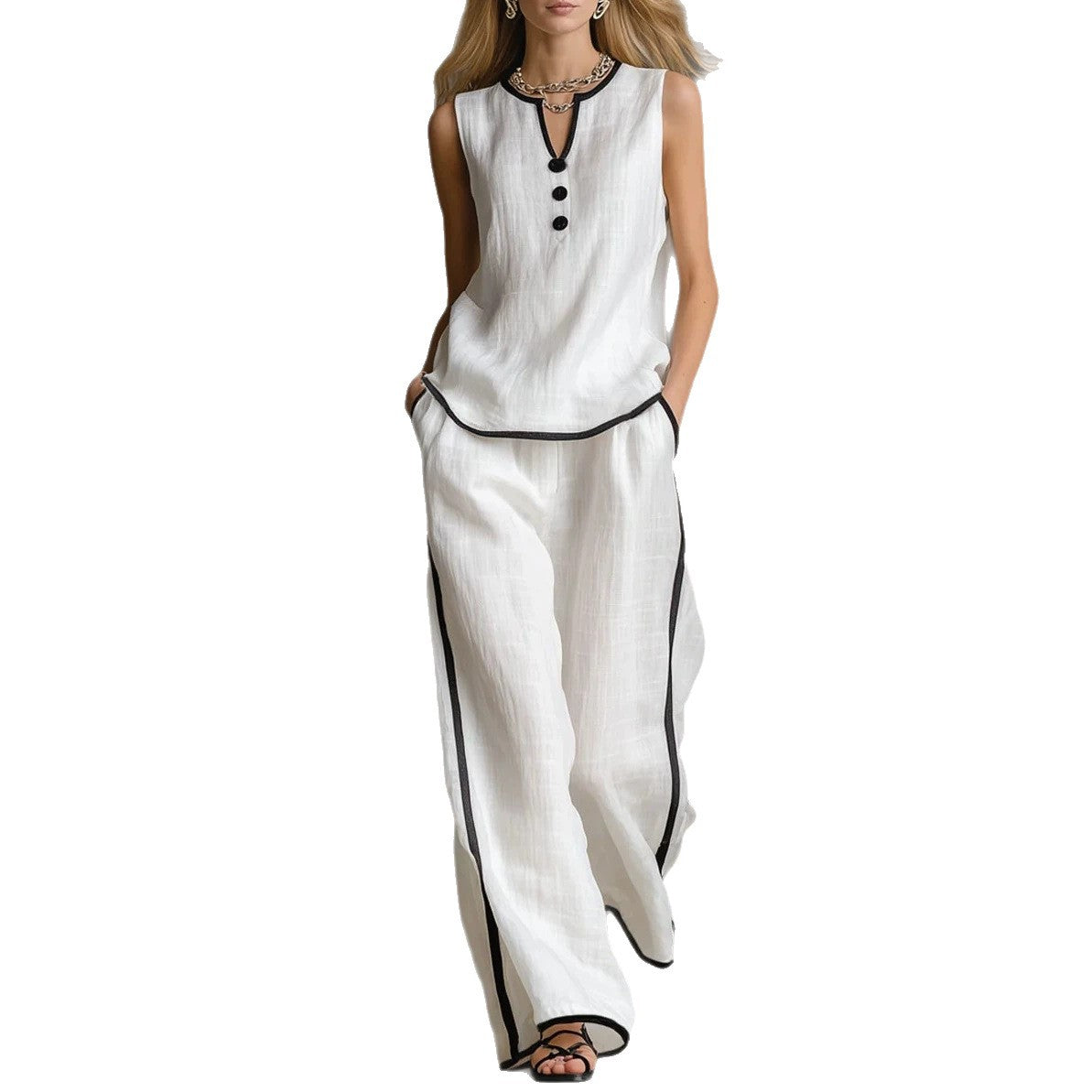 Sleeveless V-Neck Top and Wide-Leg Pants Set