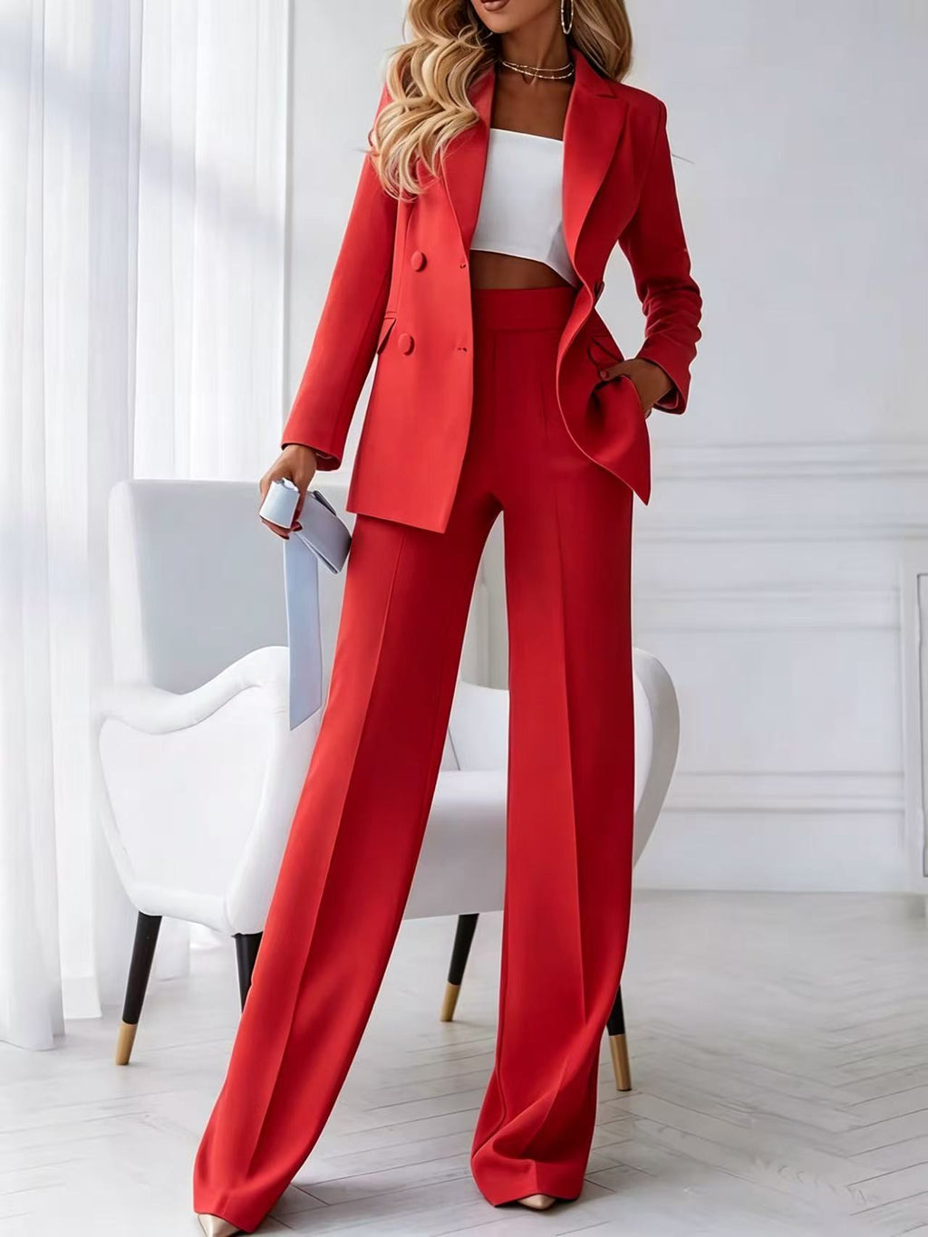 Womens Double-Breasted Blazer and Wide-Leg Pants Suit Set