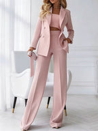Womens Double-Breasted Blazer and Wide-Leg Pants Suit Set